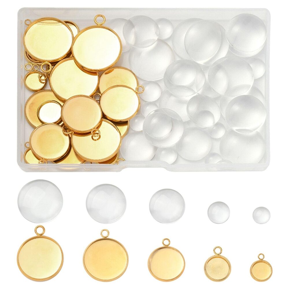 6595 Stainless Steel Bezel Pendant Trays and Glass Clear Cabochons